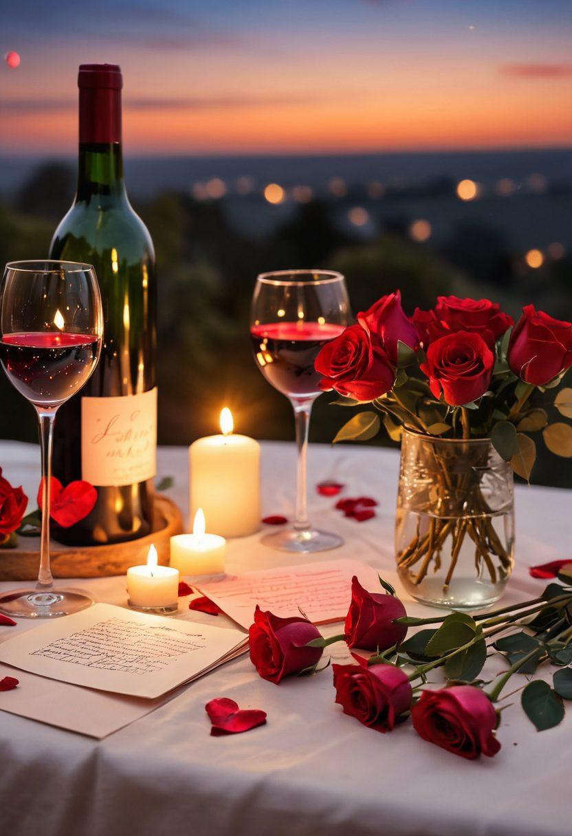 A cozy candle-lit dinner setting for two under a starlit sky, with red roses and love notes scattered on the table. Soft, warm lighting creates an intimate atmosphere, while a bottle of wine and two glasses sparkle. In the background, silhouettes of a couple sharing a sweet moment amplify the romance. ethereal, soft-focus, vibrant colors, 3D, warm tones.