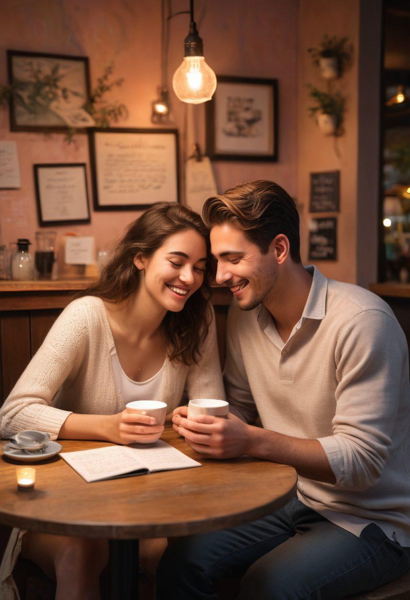 A warm, intimate scene of a couple sitting close together, sharing a laugh over coffee in a cozy cafe, surrounded by soft lighting and heartwarming decor. Their eyes are locked, showcasing deep emotional connection and understanding. Include elements like love letters and photographs on the table to symbolize their journey from sweethearts to soulmates. artful illustration, soft pastels, romantic vibe.