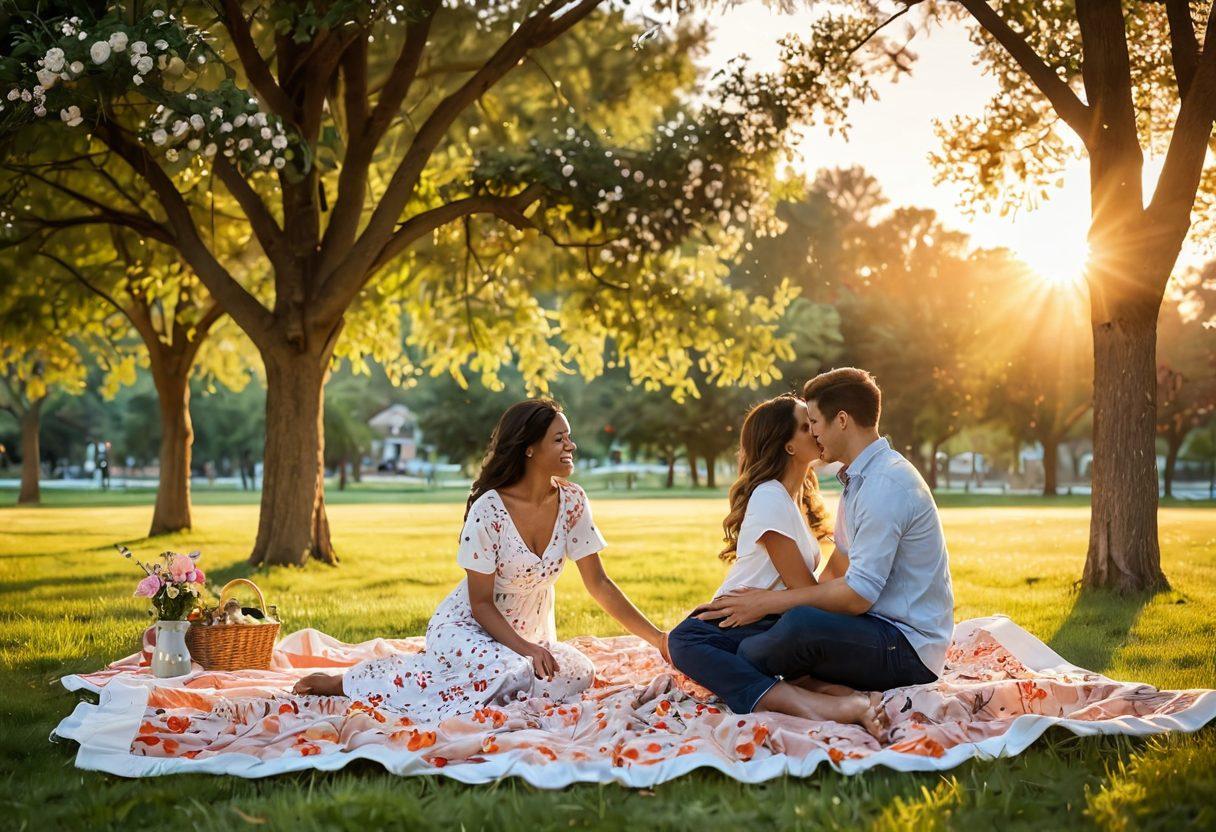 A heartwarming scene featuring a couple sharing a tender moment, with a backdrop of a serene park during sunset. The couple is engaging in affectionate gestures like holding hands and laughing, surrounded by blooming flowers and soft, glowing light. Include small details like butterflies and a picnic blanket to evoke a sense of warmth and intimacy. super-realistic. vibrant colors.